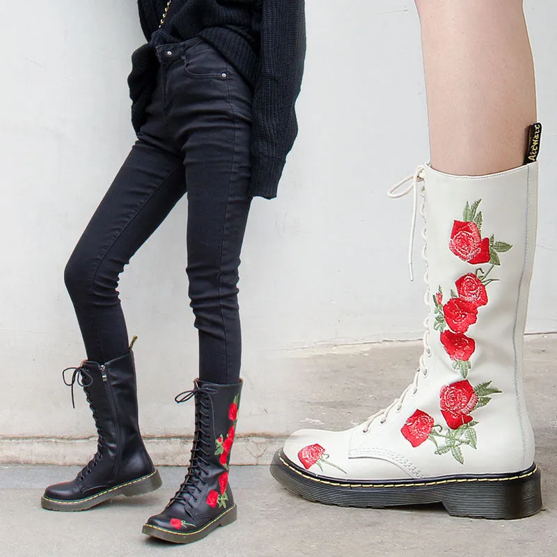 elveswallet Lace-up embroidered mid-calf boots