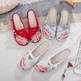Head Buckle National Style Embroidered Daily Home Cotton Canvas Shoes